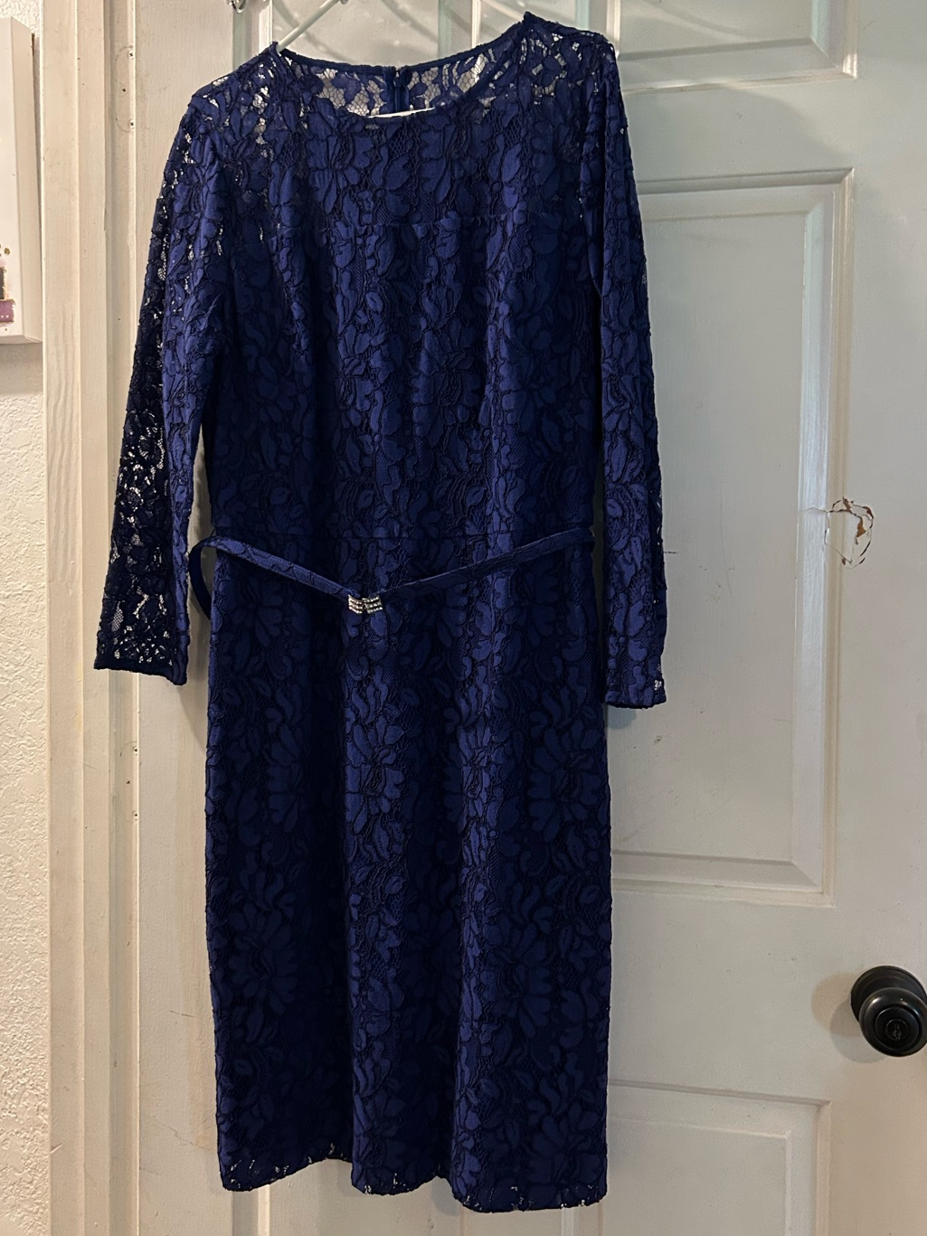 Lauren Ralph Lauren Navy Blue Lace Long-Sleeve Dress With Belt Detail